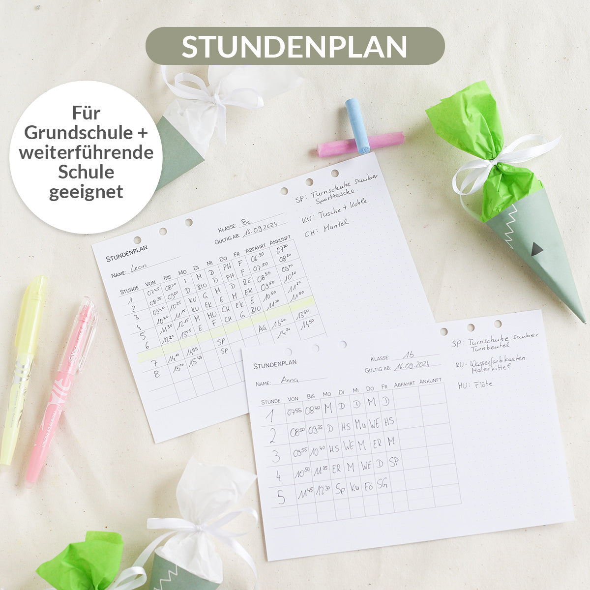 Kalendereinlagen Stundenplan mit Lehrerliste