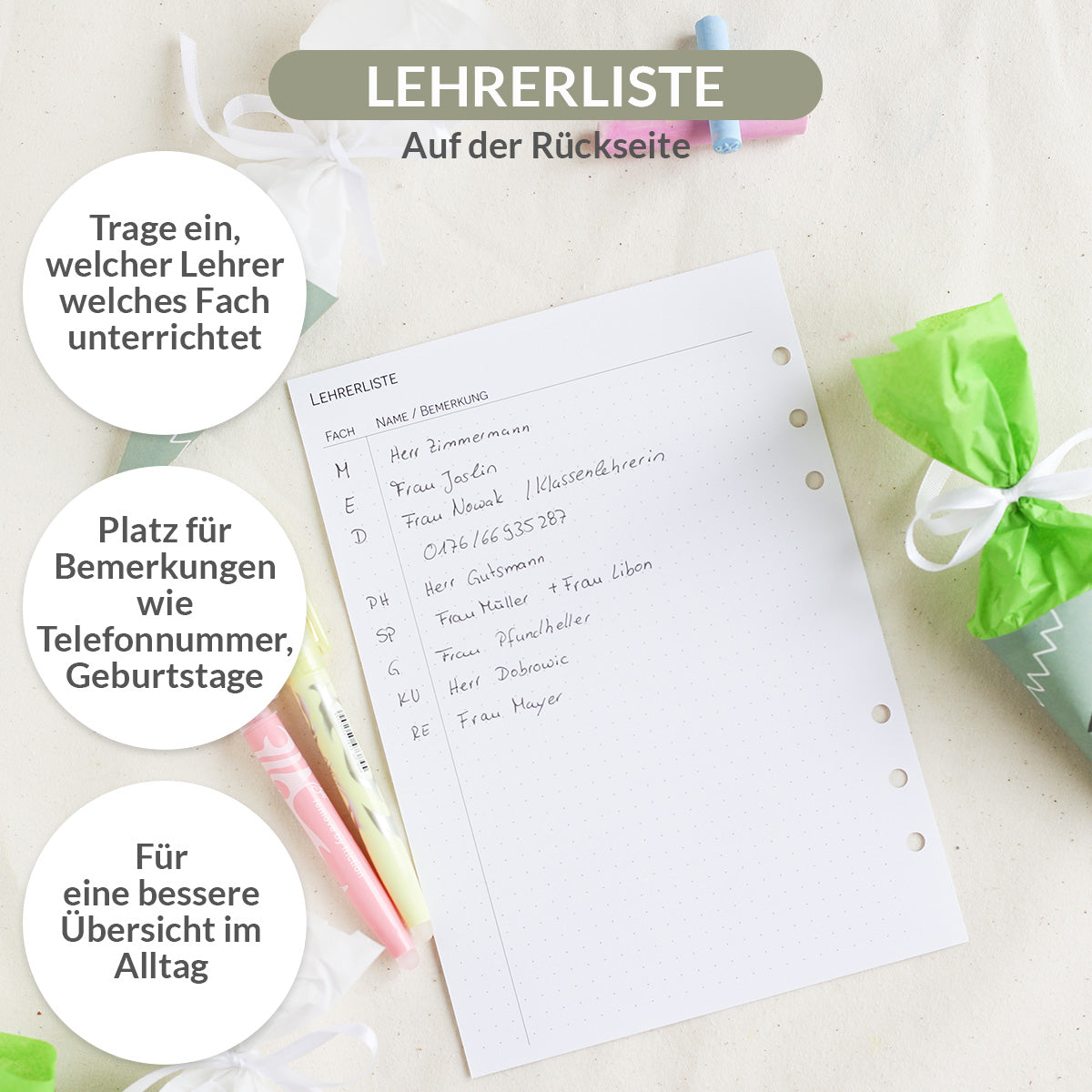 Kalendereinlagen Stundenplan mit Lehrerliste