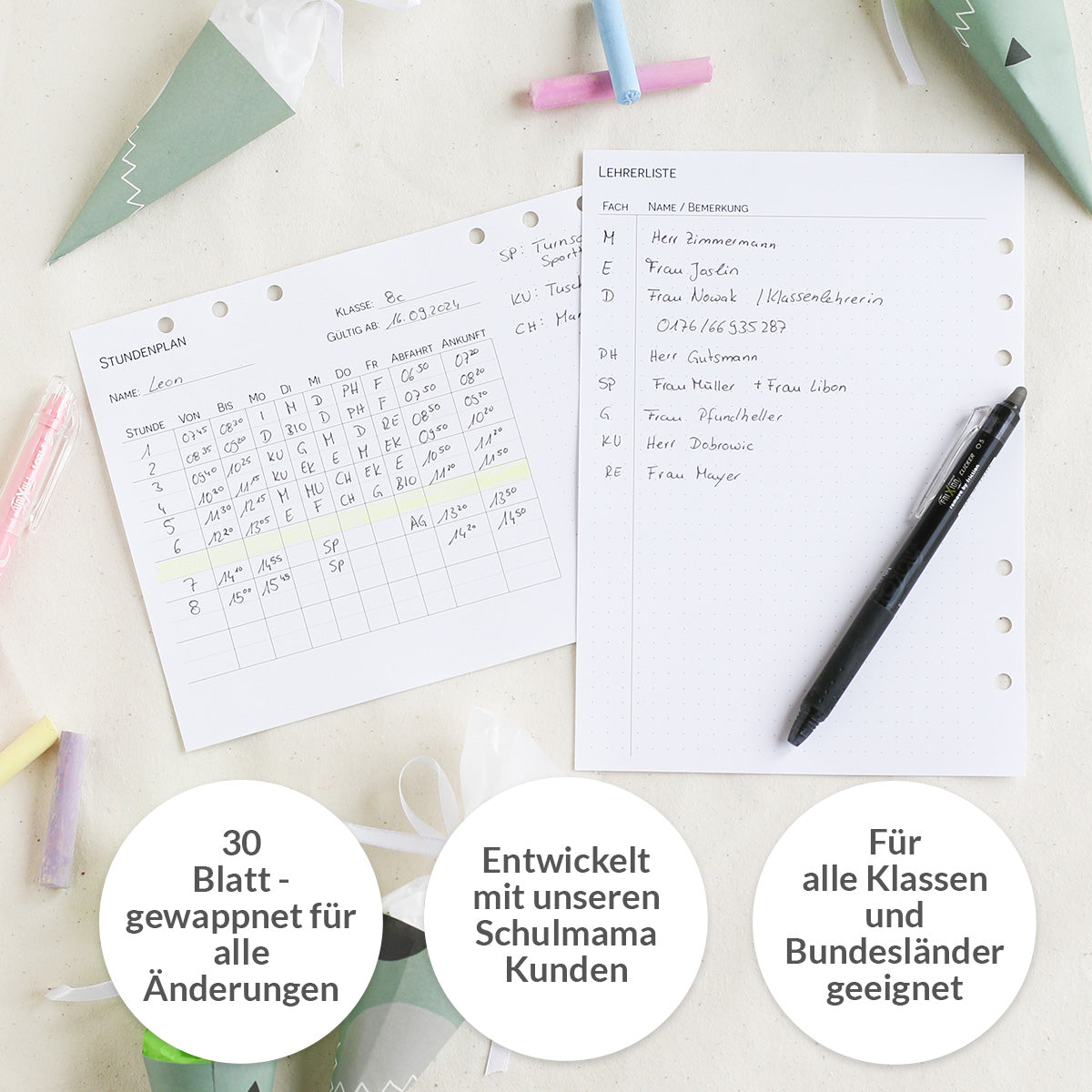 Kalendereinlagen Stundenplan mit Lehrerliste