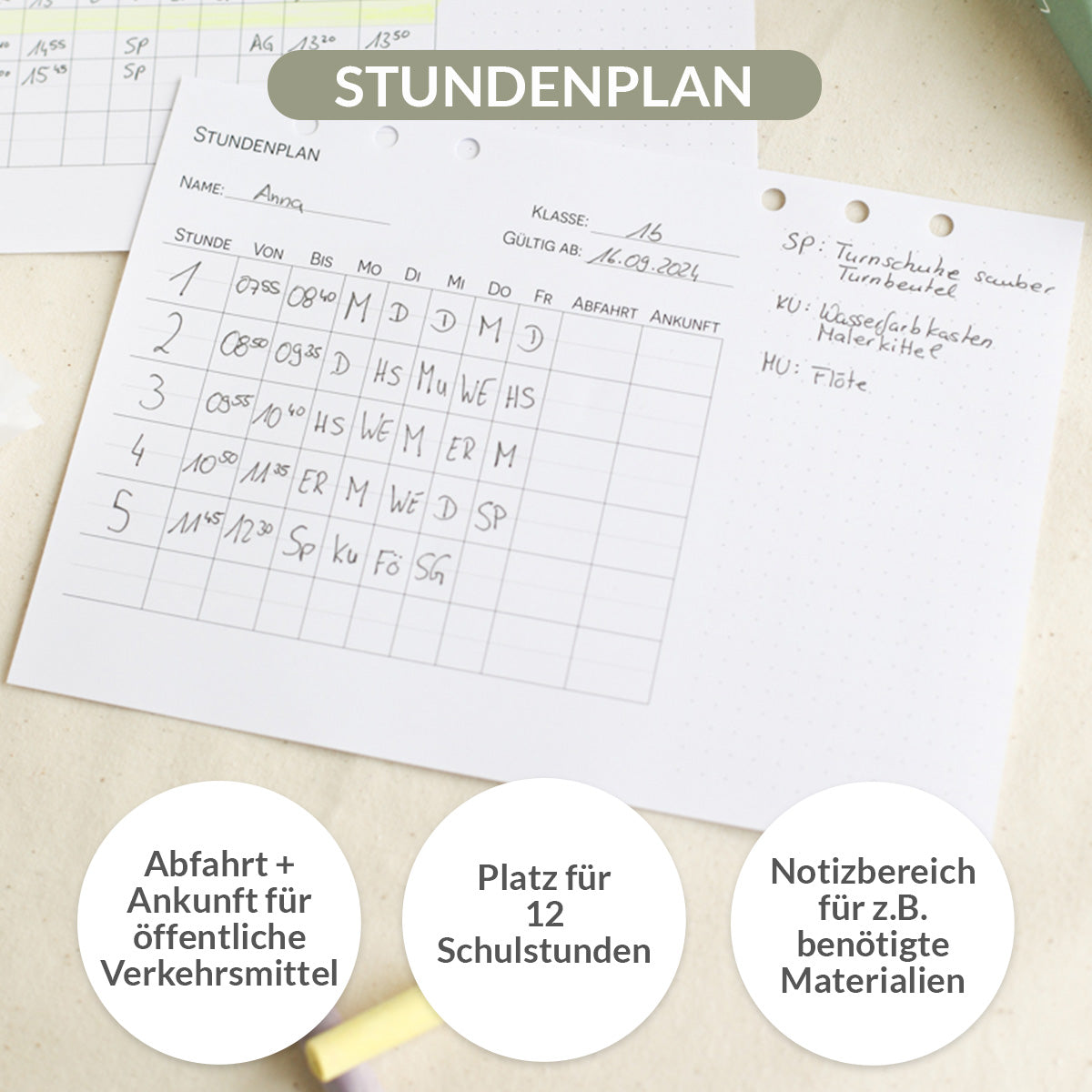 Kalendereinlagen Stundenplan mit Lehrerliste