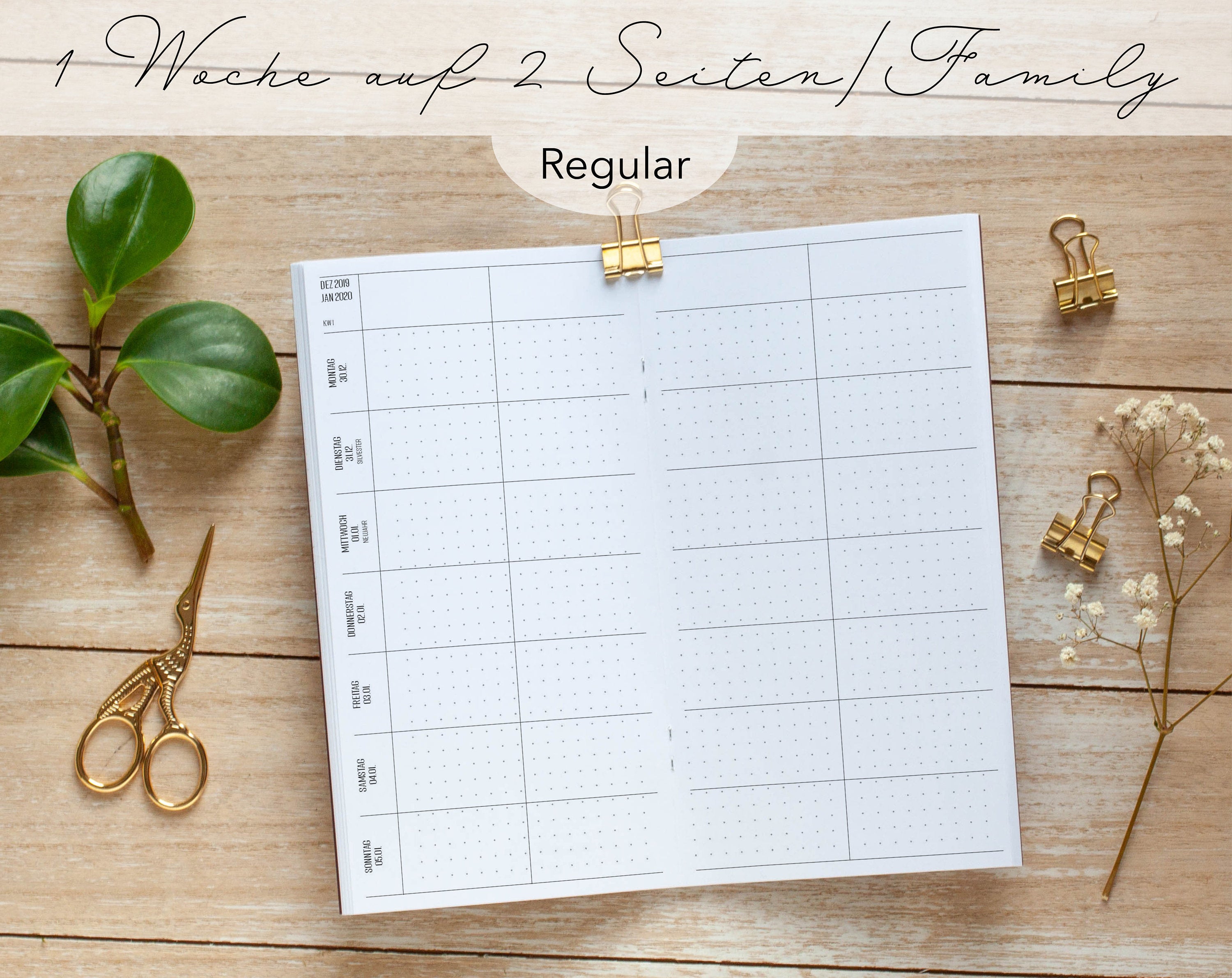 Kalenderheft Regular 1 Woche auf 2 Seiten Familienkalender 4 Spalten punktkariert für TN 2025 2026