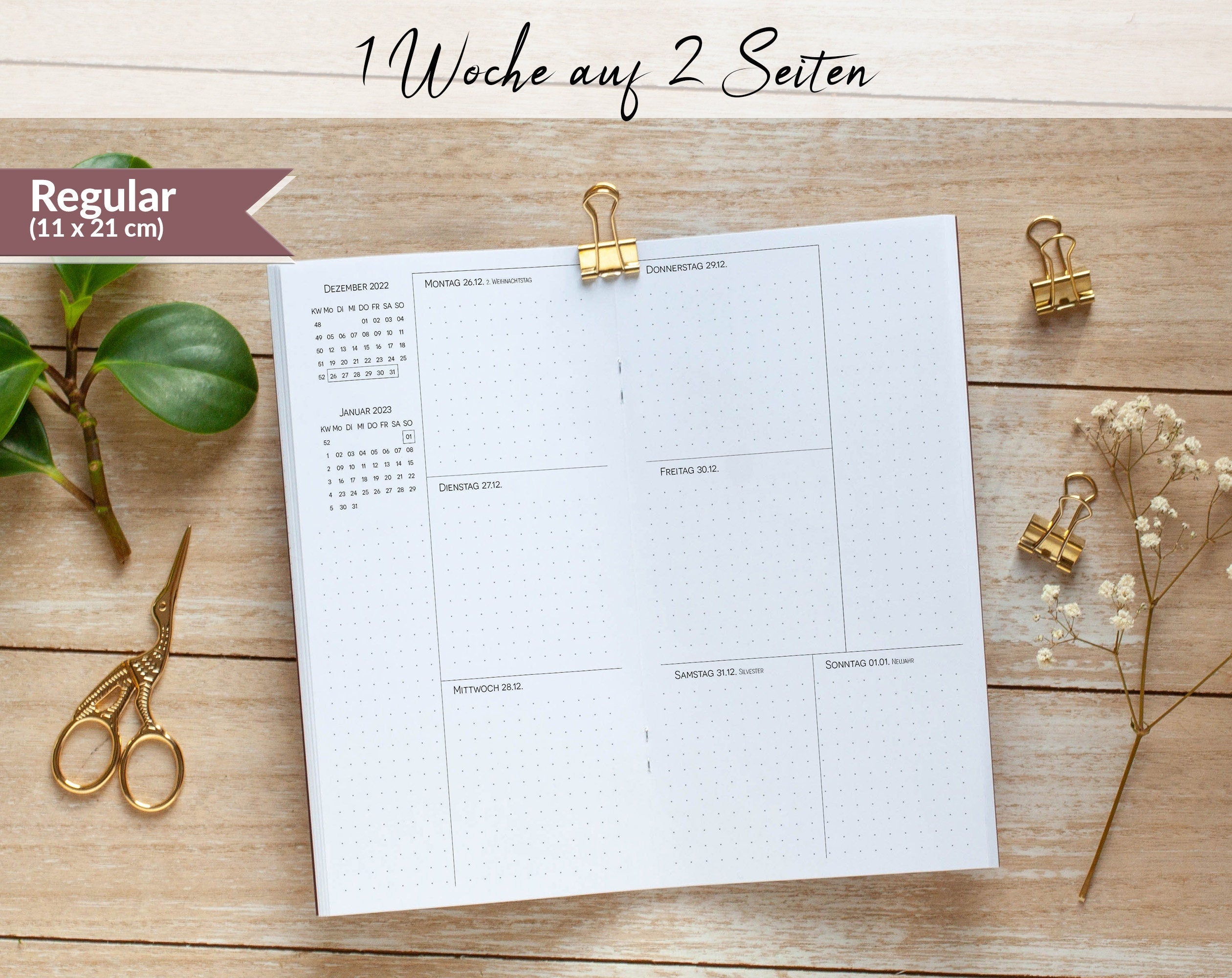 Kalenderheft Regular 1 Woche auf 2 Seiten punktkariert für TN 2026