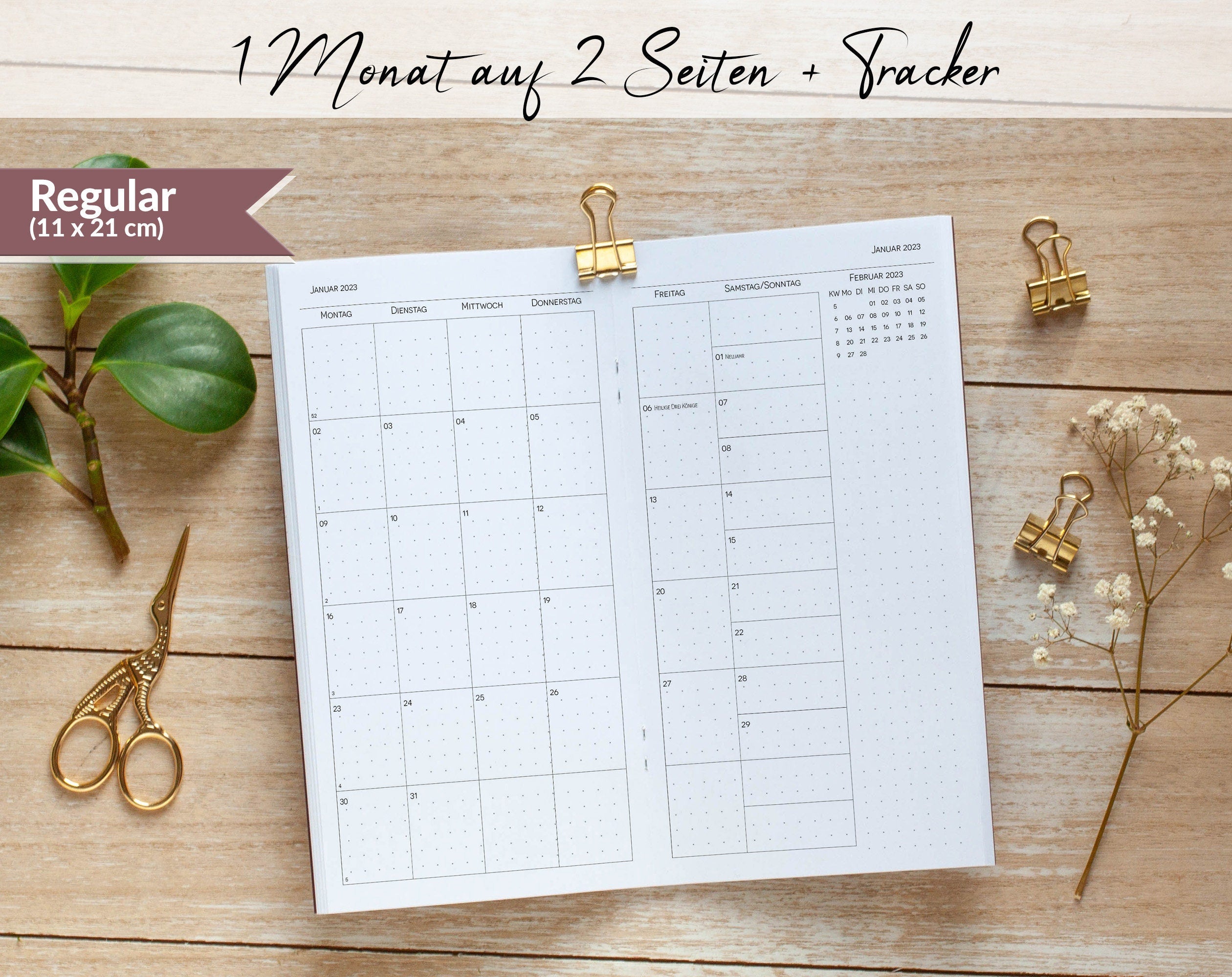 Kalenderheft Regular 1 Monat auf 2 Seiten mit Tracker und Jahresübersicht für TN 2026