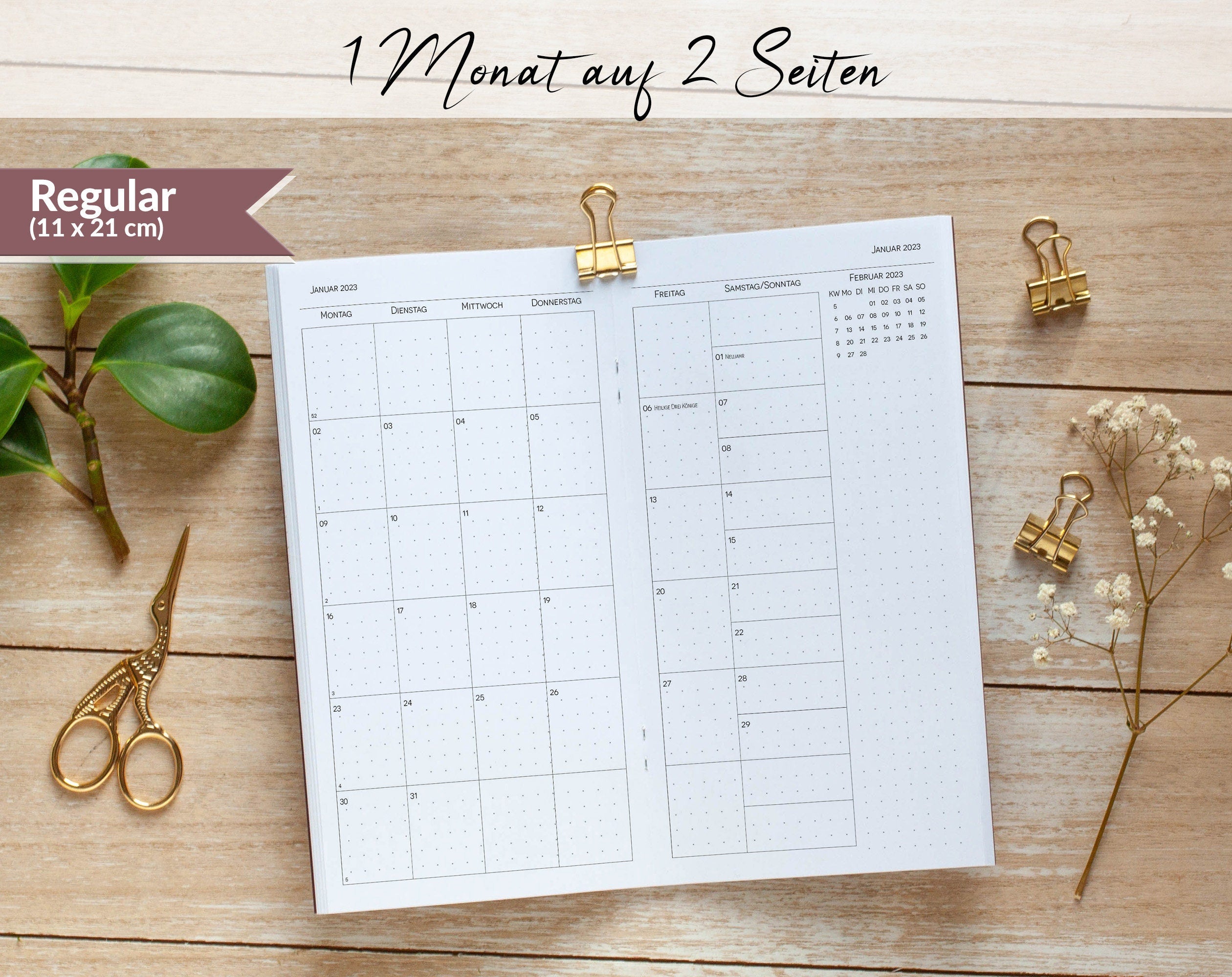 Kalenderheft Regular 1 Monat auf 2 Seiten mit Jahresübersicht punktkariert für TN 2026
